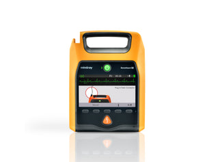 Overzicht van de Mindray D1 AED met knoppen en een beeldscherm waarop een ECG te zien is