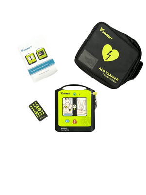 Een Vivest X1 AED-trainer om AED-cursussen mee te geven van het merk Vivest met afstandsbediening, handboek en tas