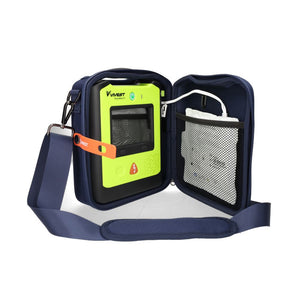De Vivest X3-AED met knoppen en een groot beeldscherm van Vivest in een draagtas